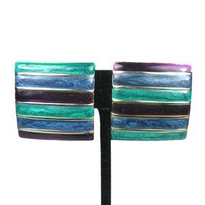 Jay Feinberg Earrings CLIP ON Silvertone Vintage Circa 1980 Enamel Green Stripe